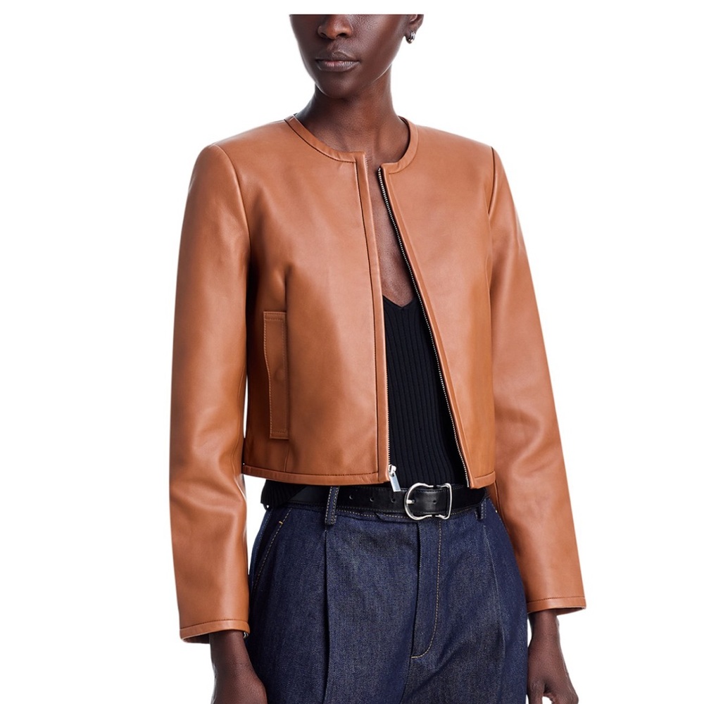 NWT Theory size small Cognac Collarless Leather Zip-Front Jacket